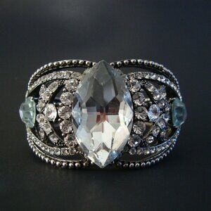 Vintage Silver Tone Clear Crystal Gemstone Hinged Cuff Bracelet